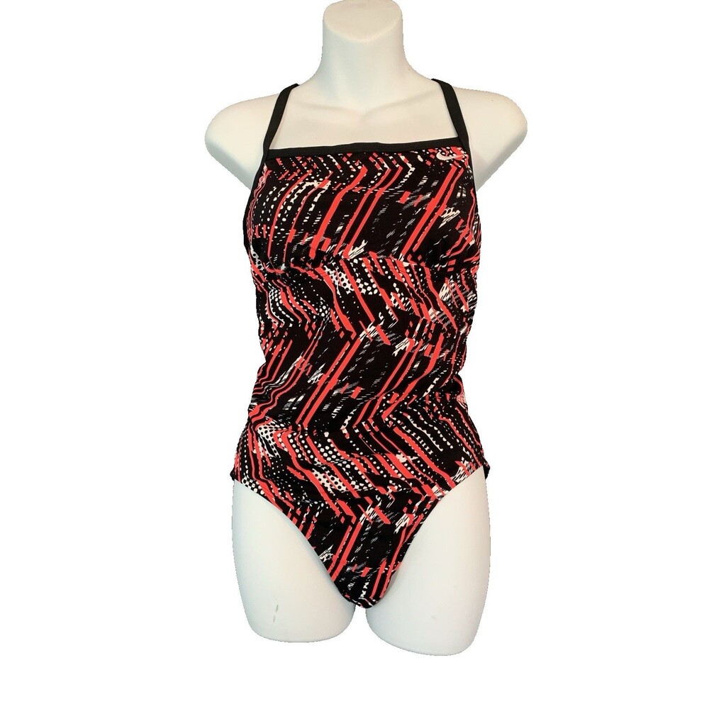 Nike One Piece Athletic Swimsuit Medium Black Orange Abstract Racerback Modest